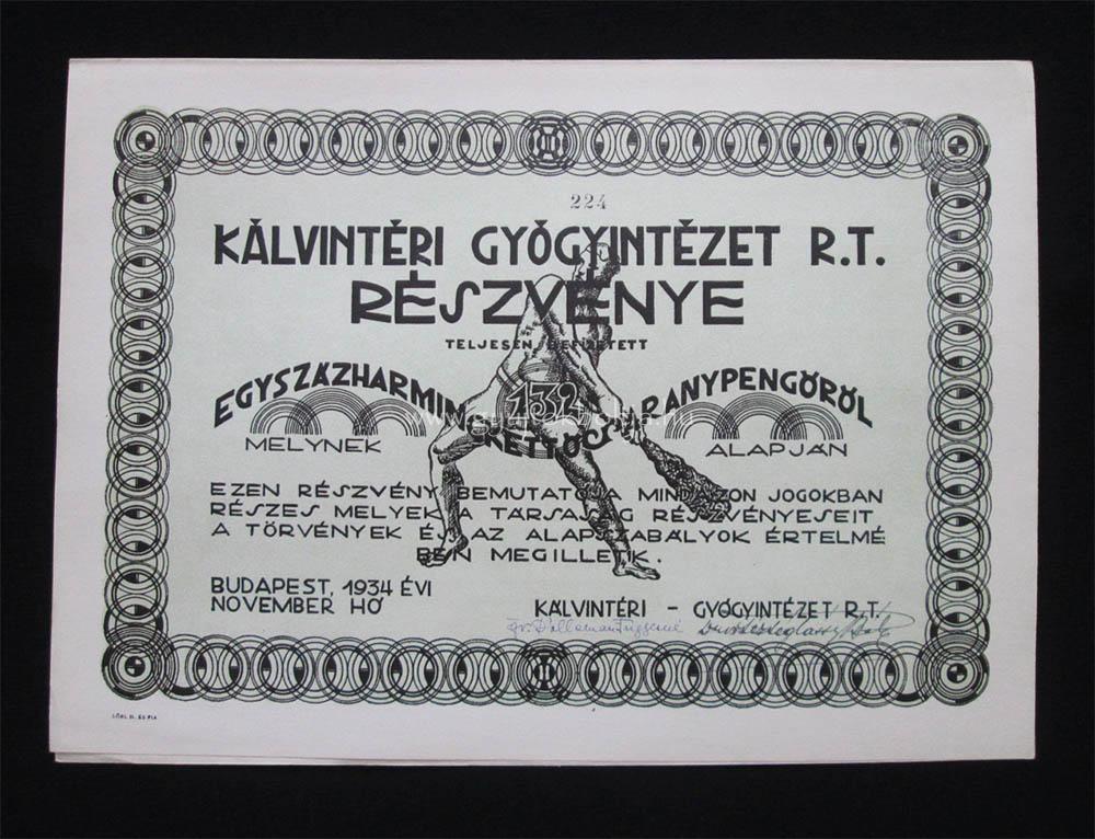 Kálvintéri Gyógyintézet részvény 132 aranypengõ 1934
